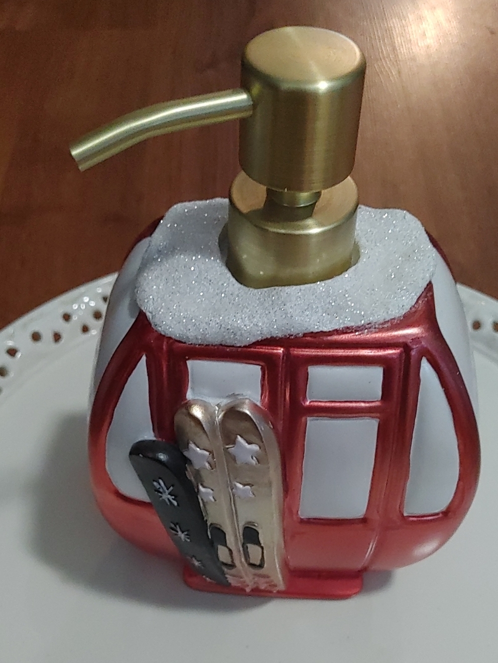 Red and White Ski Gondola Soap Dispenser with Gold Pump